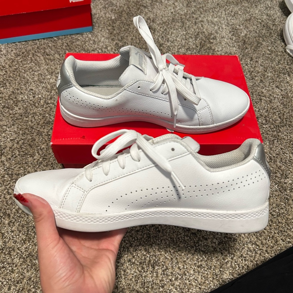 Puma White and Silver Sneakers Classic Tennis Style
